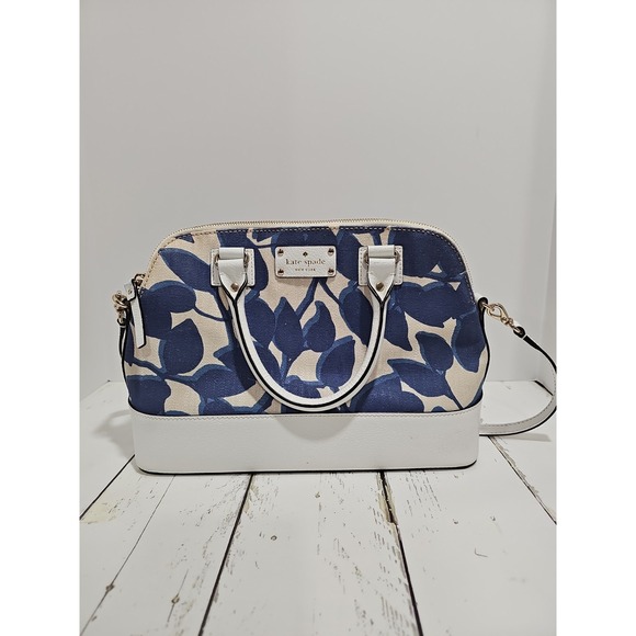 Satchel Handbags - Kate Spade Wellesley Rachelle Leaves Dome Satchel Handbag Navy Blue White Canvas